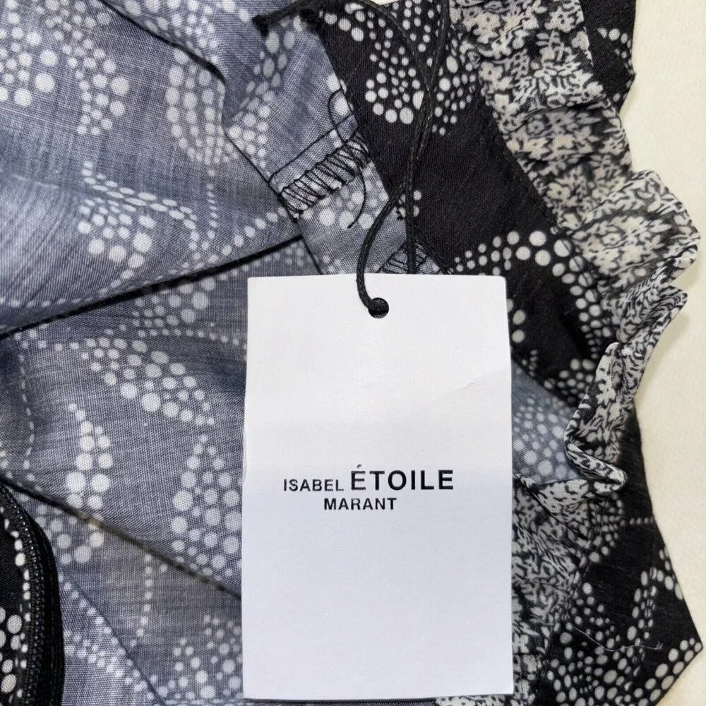 NWT Isabel Marant Etoile Black White Floral Dress Ruffles  Zip Long Sleeve Sz 36 - Picture 8 of 16